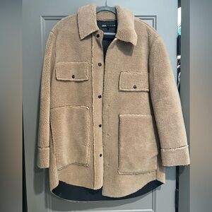 Zara Tan Sherling Coat with Faux Leather, like New